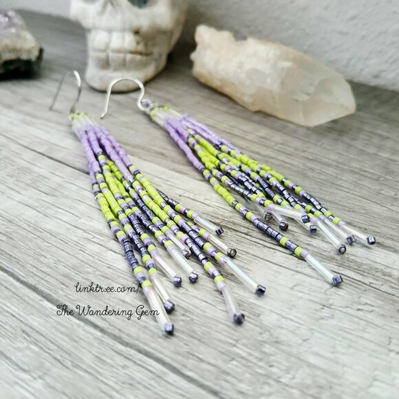 Jellyfish Beaded Fringe Shoulder Duster Dangle Earrings, Purple & Green 4.5" - Picture 5 of 9